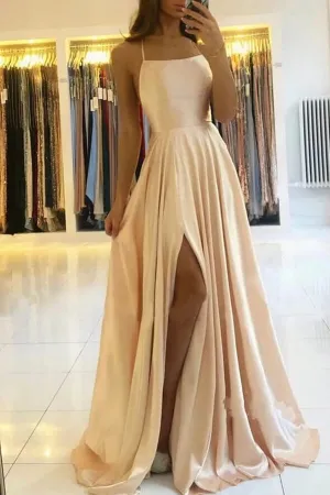 Simple Satin A-line Long Prom Dresses With Side Split, Evening Dresses, MP639