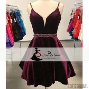 Spaghetti Burgundy Velvet Homecoming Dresses, Beaded Homecoming Dress, Short Prom Dresses, SF0091