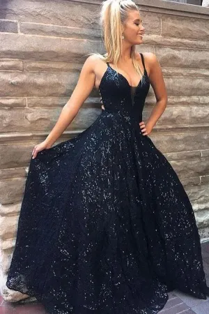 Spaghetti Straps A-line Dark Navy Lace Prom Dress Sparkly Long Evening Dresses,MP579