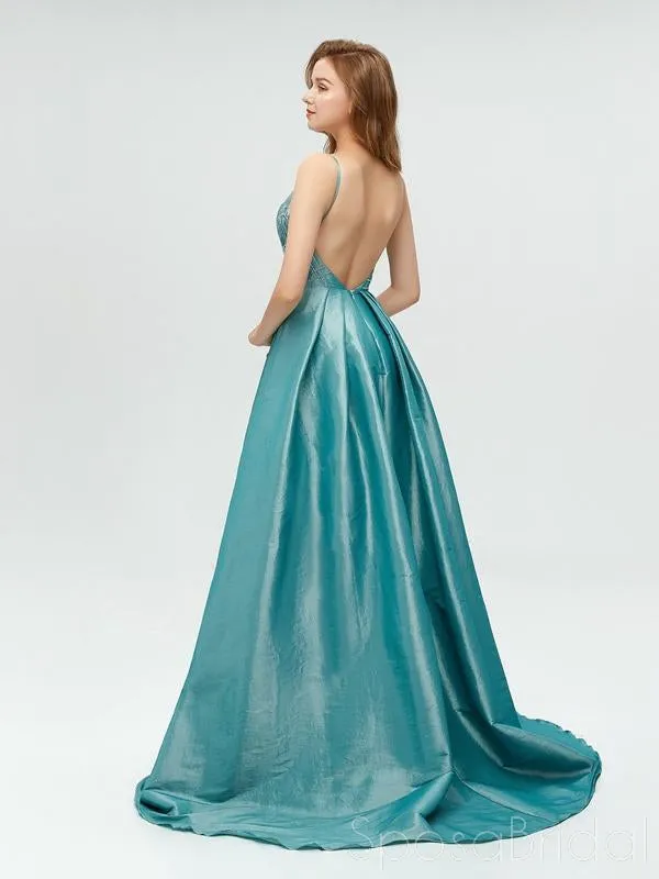 Spaghetti Straps Backless A-line Sparkly Long Blue V-Neck Prom Dresses, Party Dress, Evening dresses,  PD0565