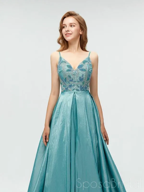 Spaghetti Straps Backless A-line Sparkly Long Blue V-Neck Prom Dresses, Party Dress, Evening dresses,  PD0565