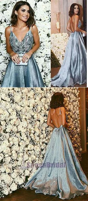 Spaghetti Straps Backless A-line Sparkly Long Blue V-Neck Prom Dresses, Party Dress, Evening dresses,  PD0565