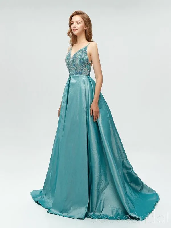 Spaghetti Straps Backless A-line Sparkly Long Blue V-Neck Prom Dresses, Party Dress, Evening dresses,  PD0565
