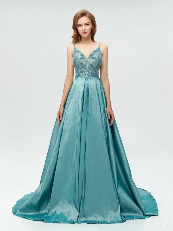 Spaghetti Straps Backless A-line Sparkly Long Blue V-Neck Prom Dresses, Party Dress, Evening dresses,  PD0565