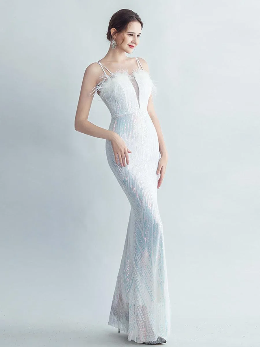 Spaghetti Straps Feather Gradient Sequin Dress GM90120
