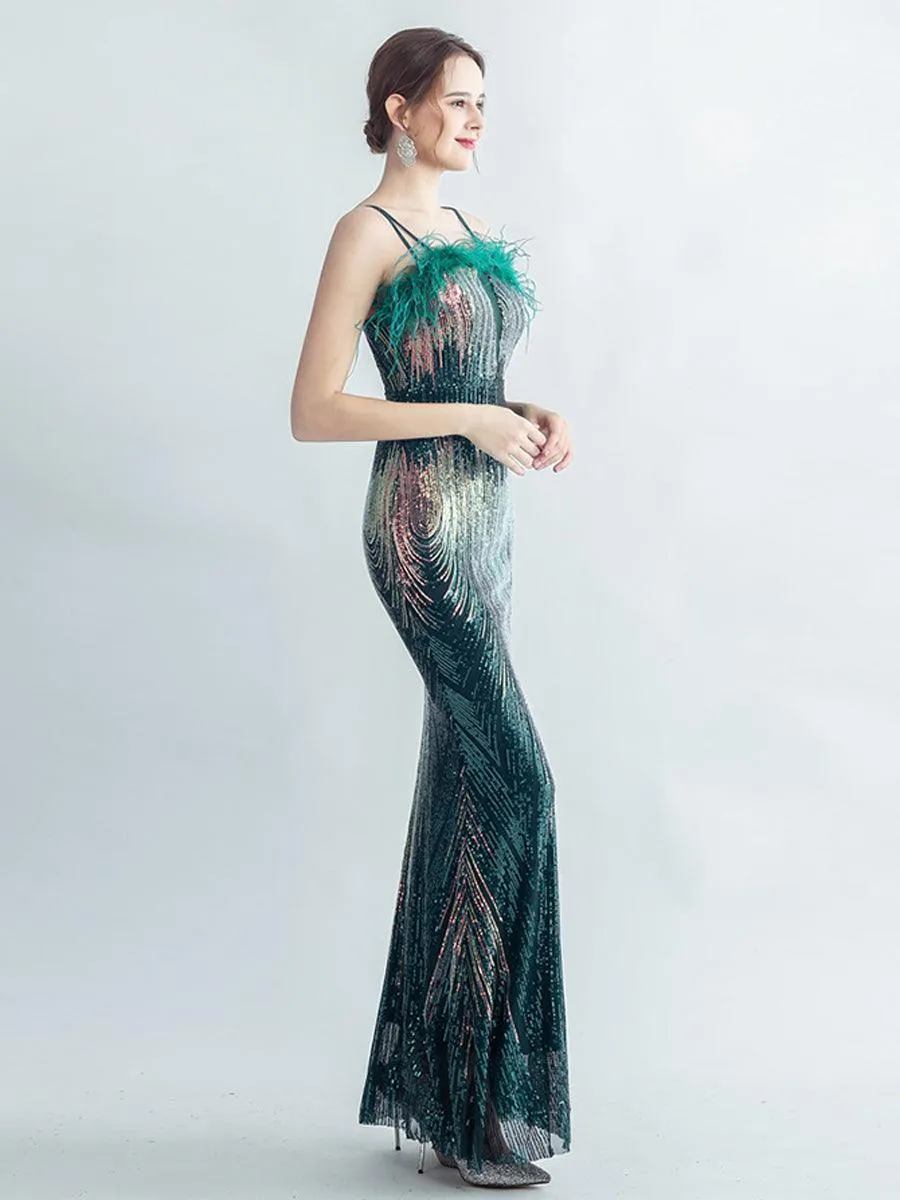 Spaghetti Straps Feather Gradient Sequin Dress GM90120