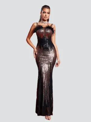 Spaghetti Straps Feather Gradient Sequin Dress GM90120