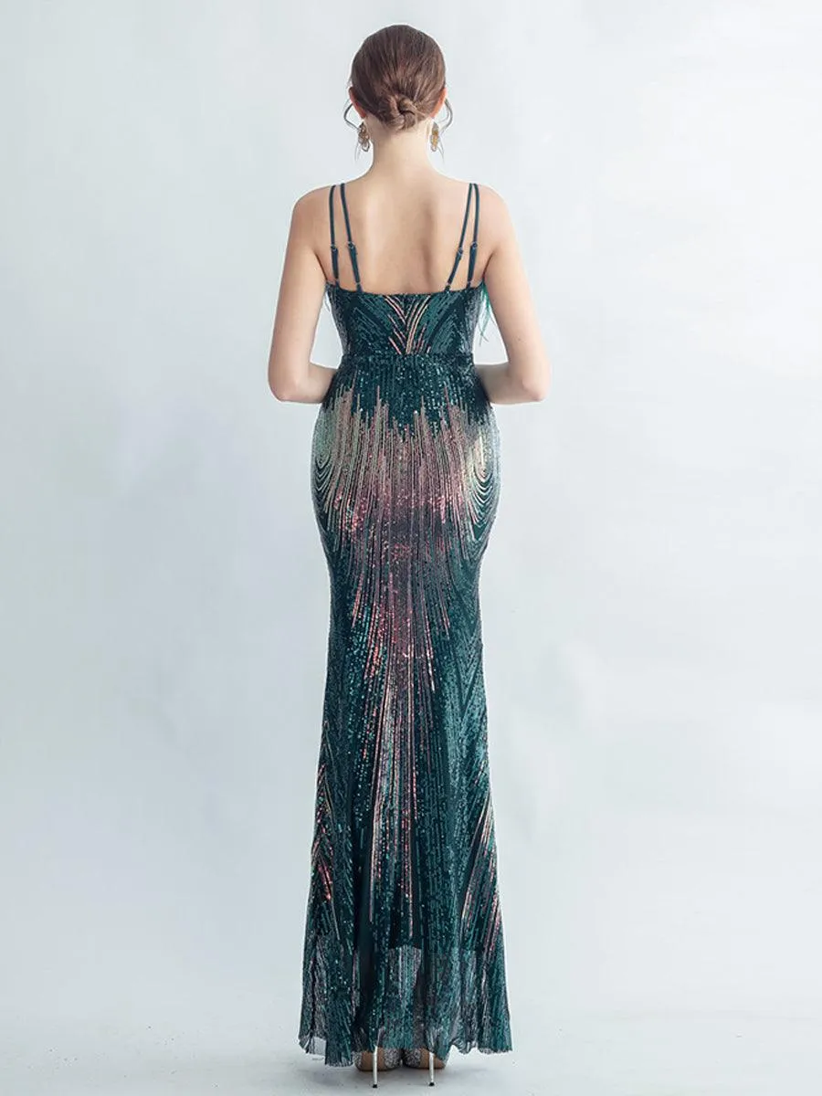 Spaghetti Straps Feather Gradient Sequin Dress GM90120