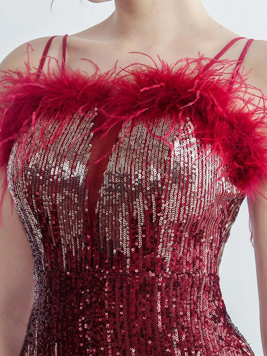 Spaghetti Straps Feather Gradient Sequin Dress GM90120