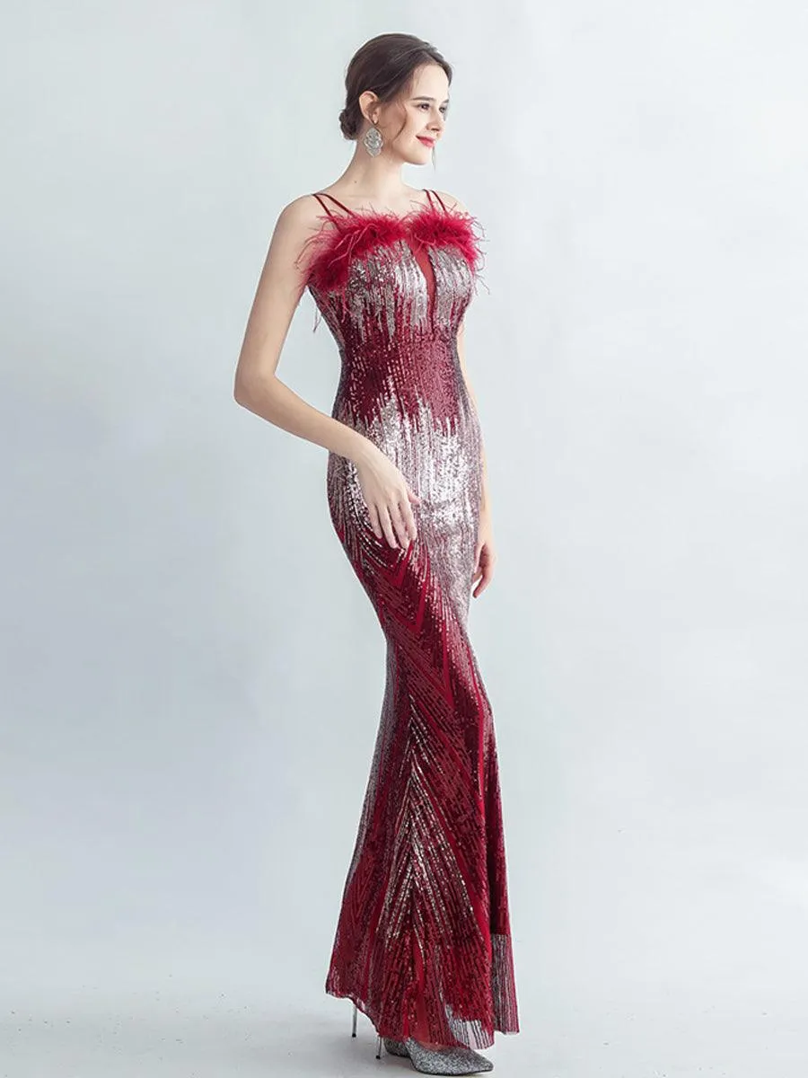 Spaghetti Straps Feather Gradient Sequin Dress GM90120