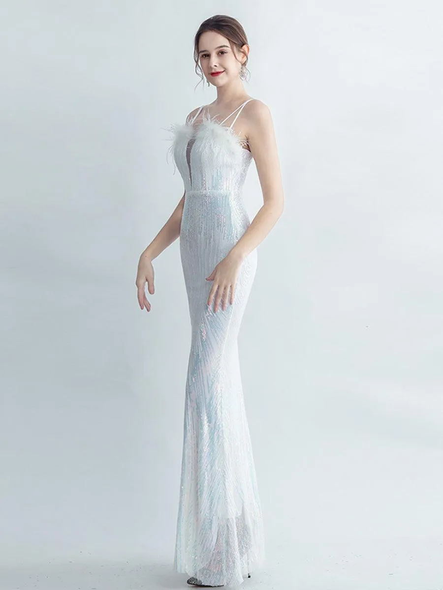 Spaghetti Straps Feather Gradient Sequin Dress GM90120
