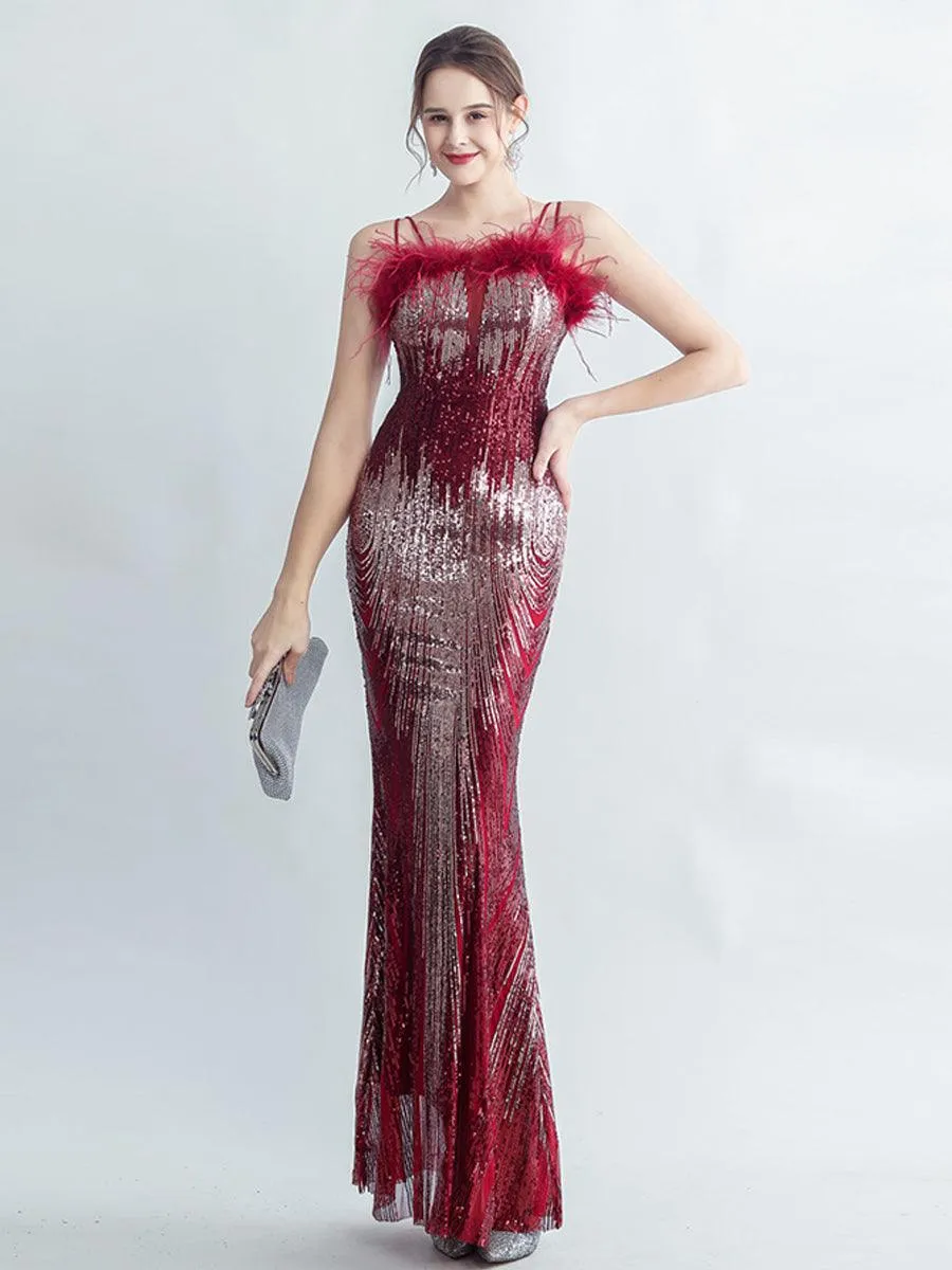 Spaghetti Straps Feather Gradient Sequin Dress GM90120