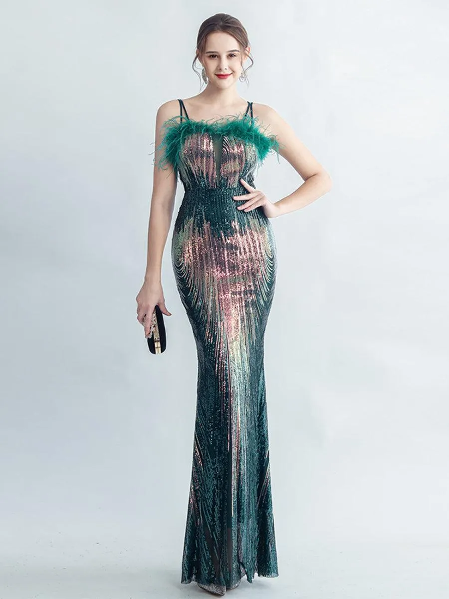 Spaghetti Straps Feather Gradient Sequin Dress GM90120