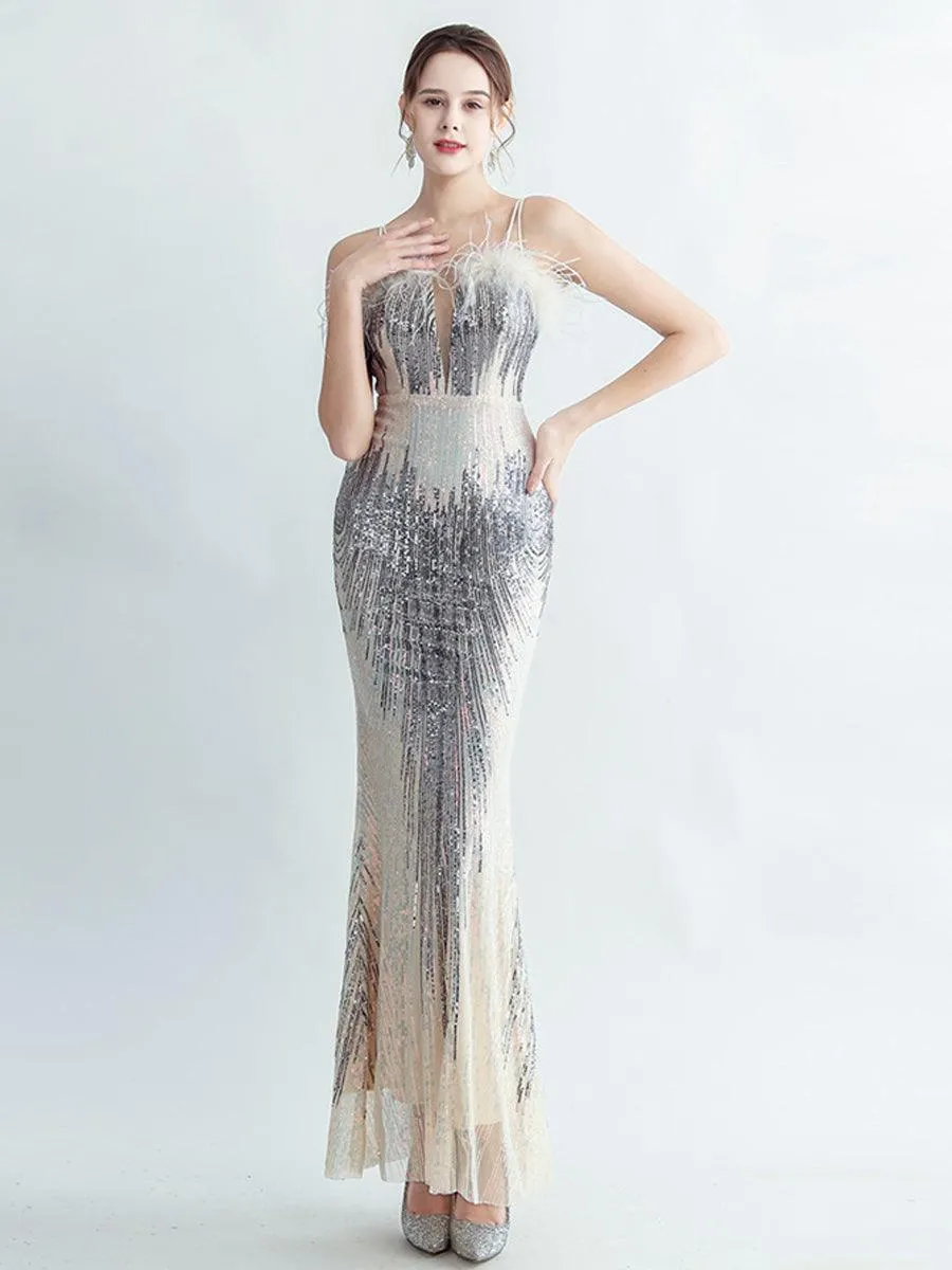 Spaghetti Straps Feather Gradient Sequin Dress GM90120