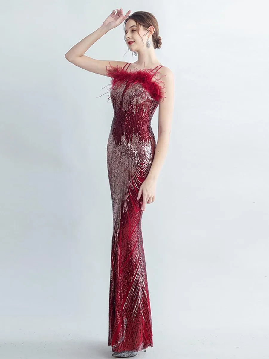 Spaghetti Straps Feather Gradient Sequin Dress GM90120