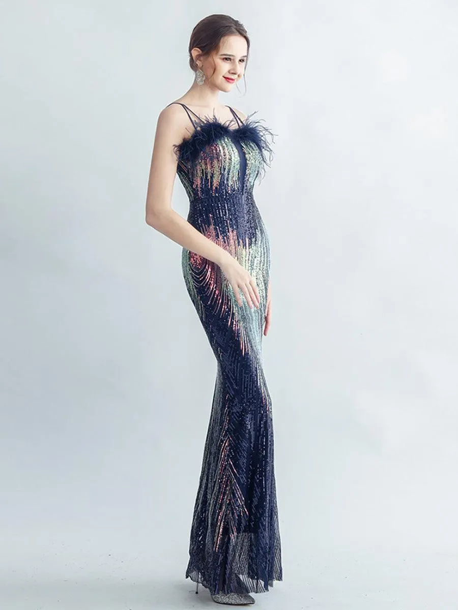 Spaghetti Straps Feather Gradient Sequin Dress GM90120
