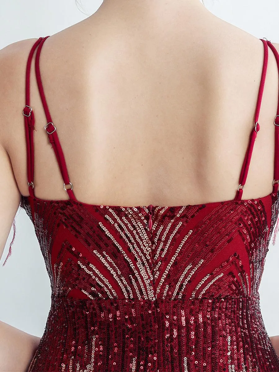 Spaghetti Straps Feather Gradient Sequin Dress GM90120
