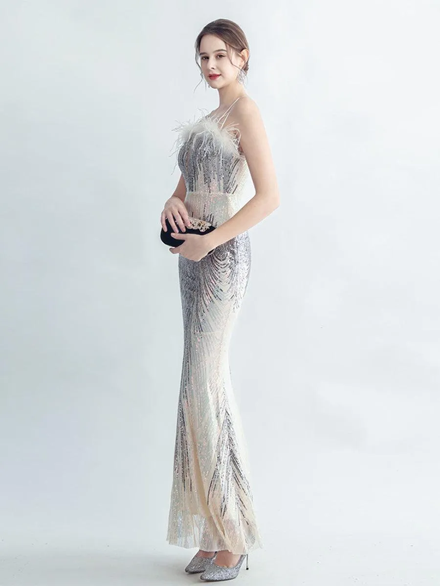 Spaghetti Straps Feather Gradient Sequin Dress GM90120