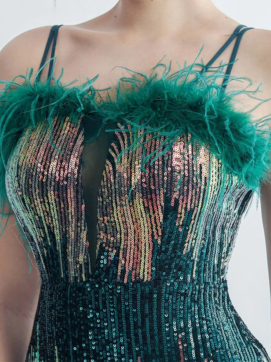 Spaghetti Straps Feather Gradient Sequin Dress GM90120