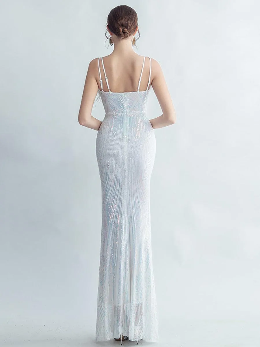 Spaghetti Straps Feather Gradient Sequin Dress GM90120