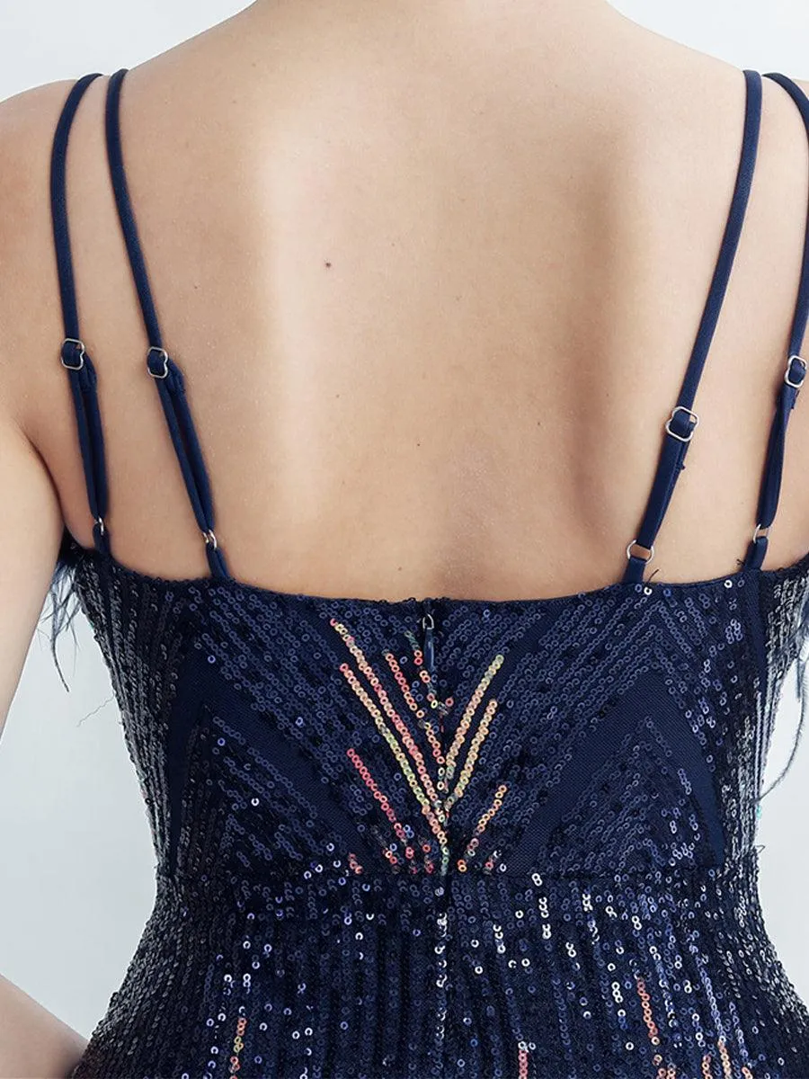 Spaghetti Straps Feather Gradient Sequin Dress GM90120