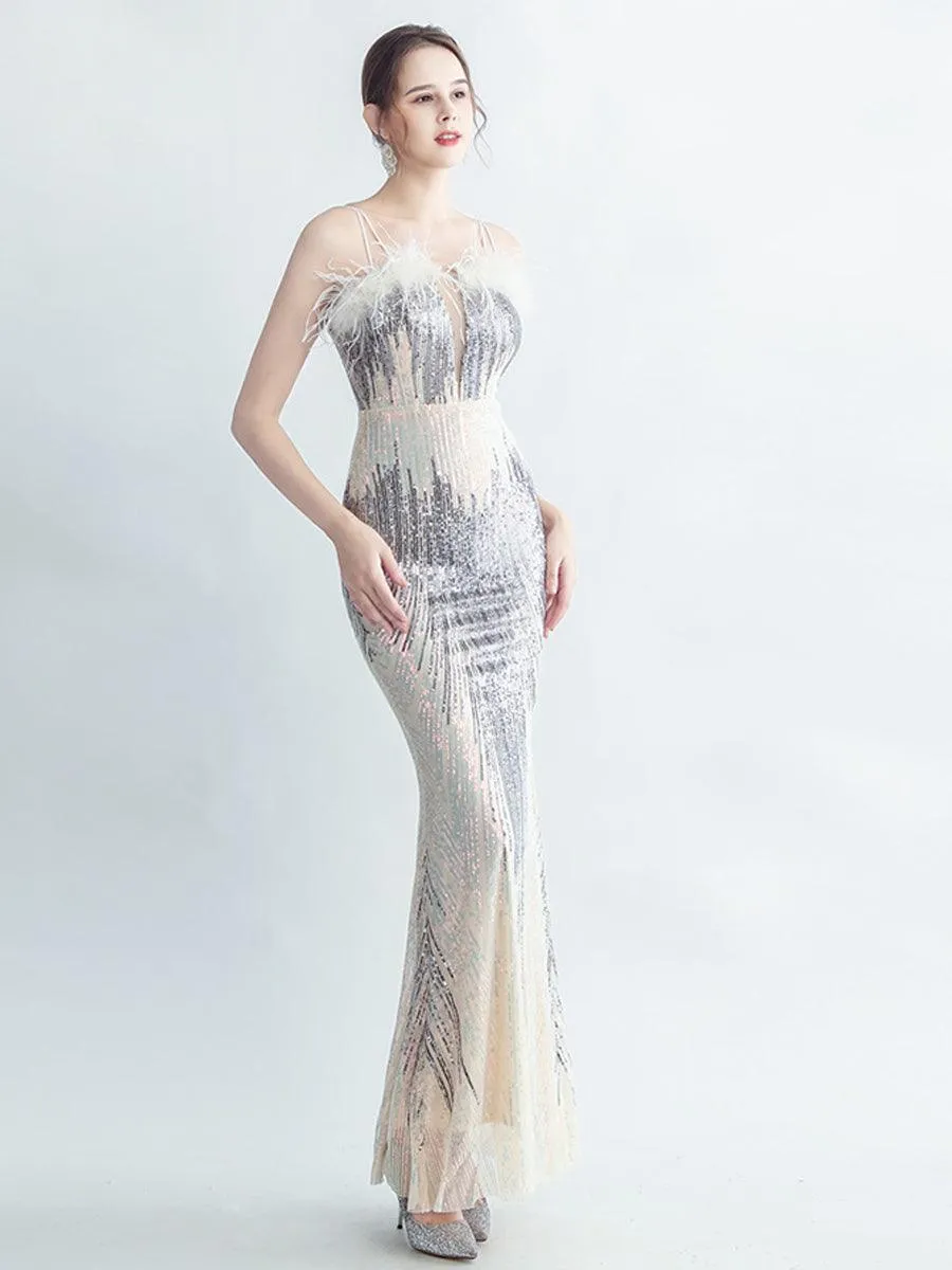 Spaghetti Straps Feather Gradient Sequin Dress GM90120