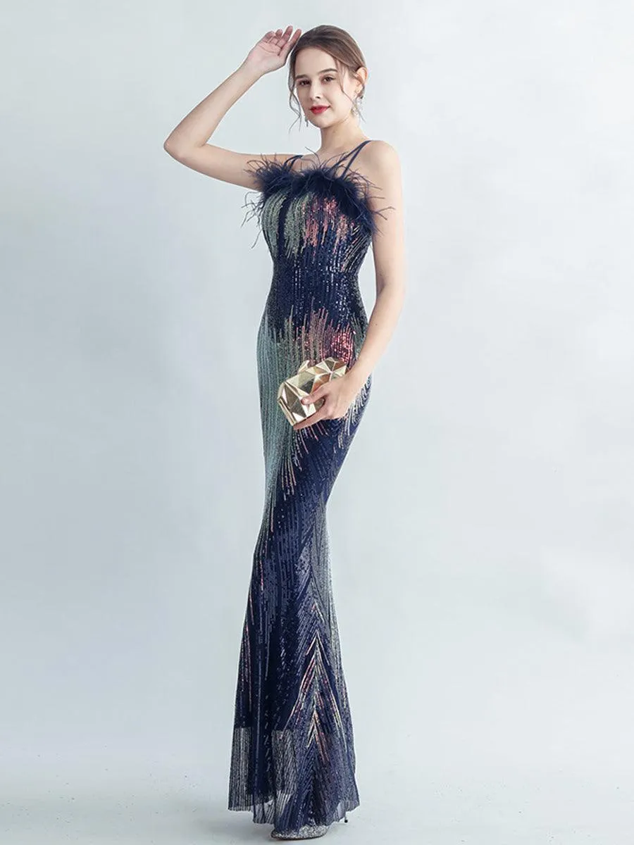 Spaghetti Straps Feather Gradient Sequin Dress GM90120