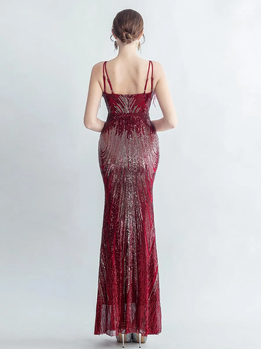 Spaghetti Straps Feather Gradient Sequin Dress GM90120
