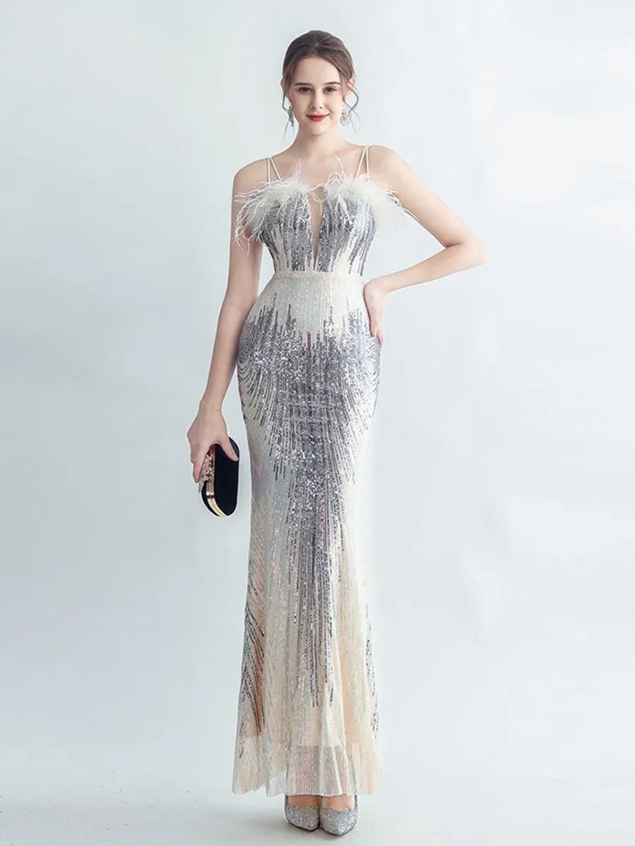 Spaghetti Straps Feather Gradient Sequin Dress GM90120