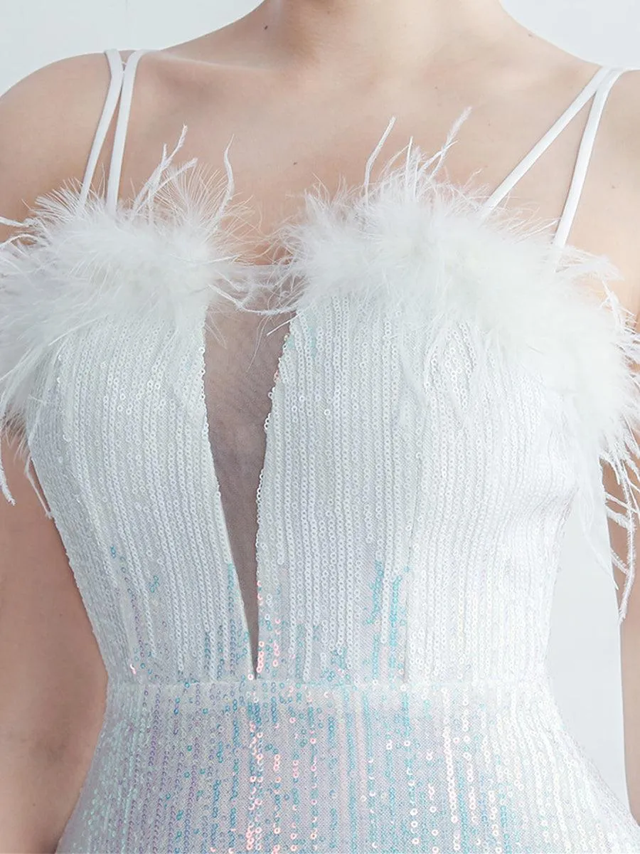 Spaghetti Straps Feather Gradient Sequin Dress GM90120