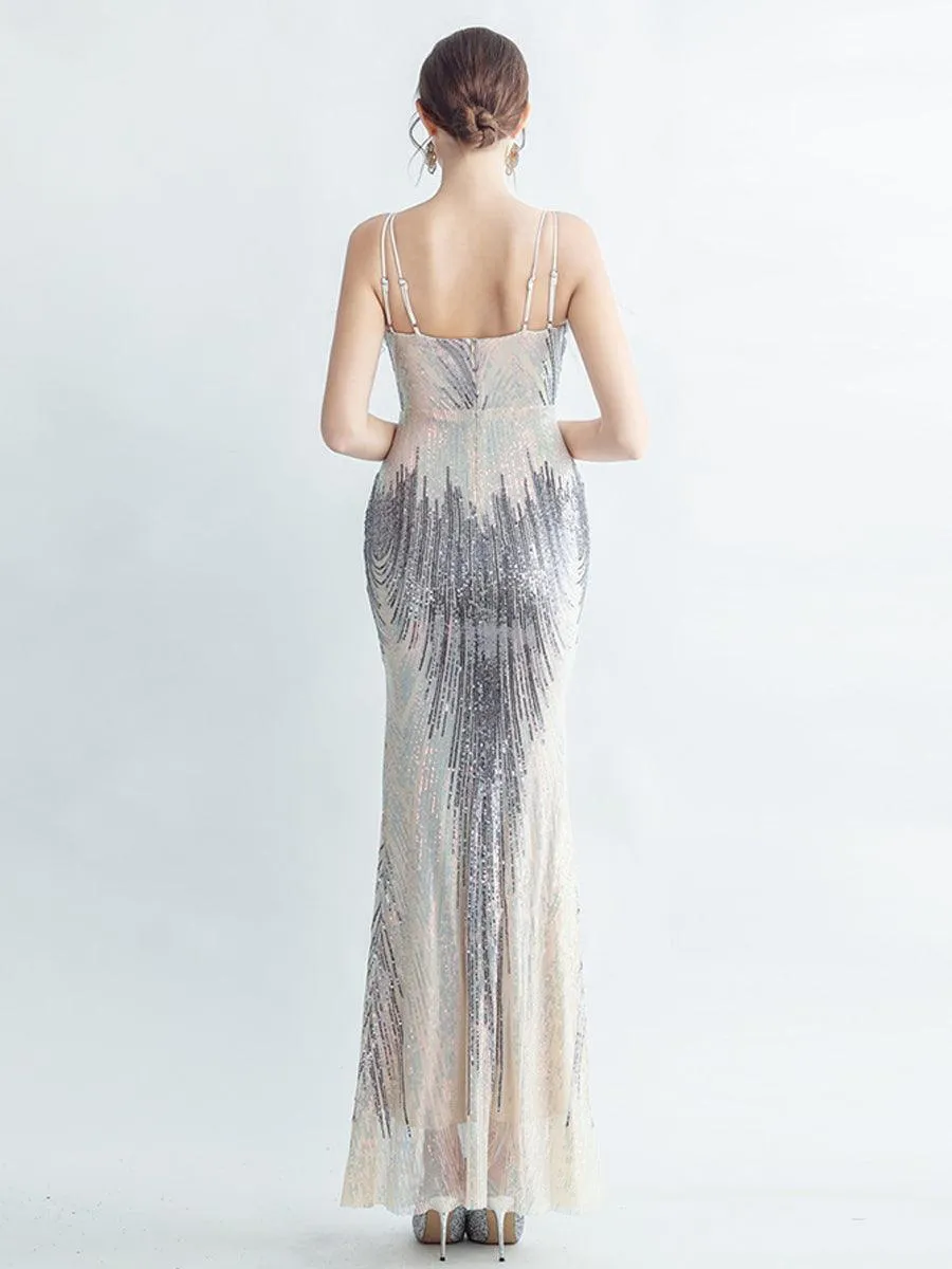 Spaghetti Straps Feather Gradient Sequin Dress GM90120