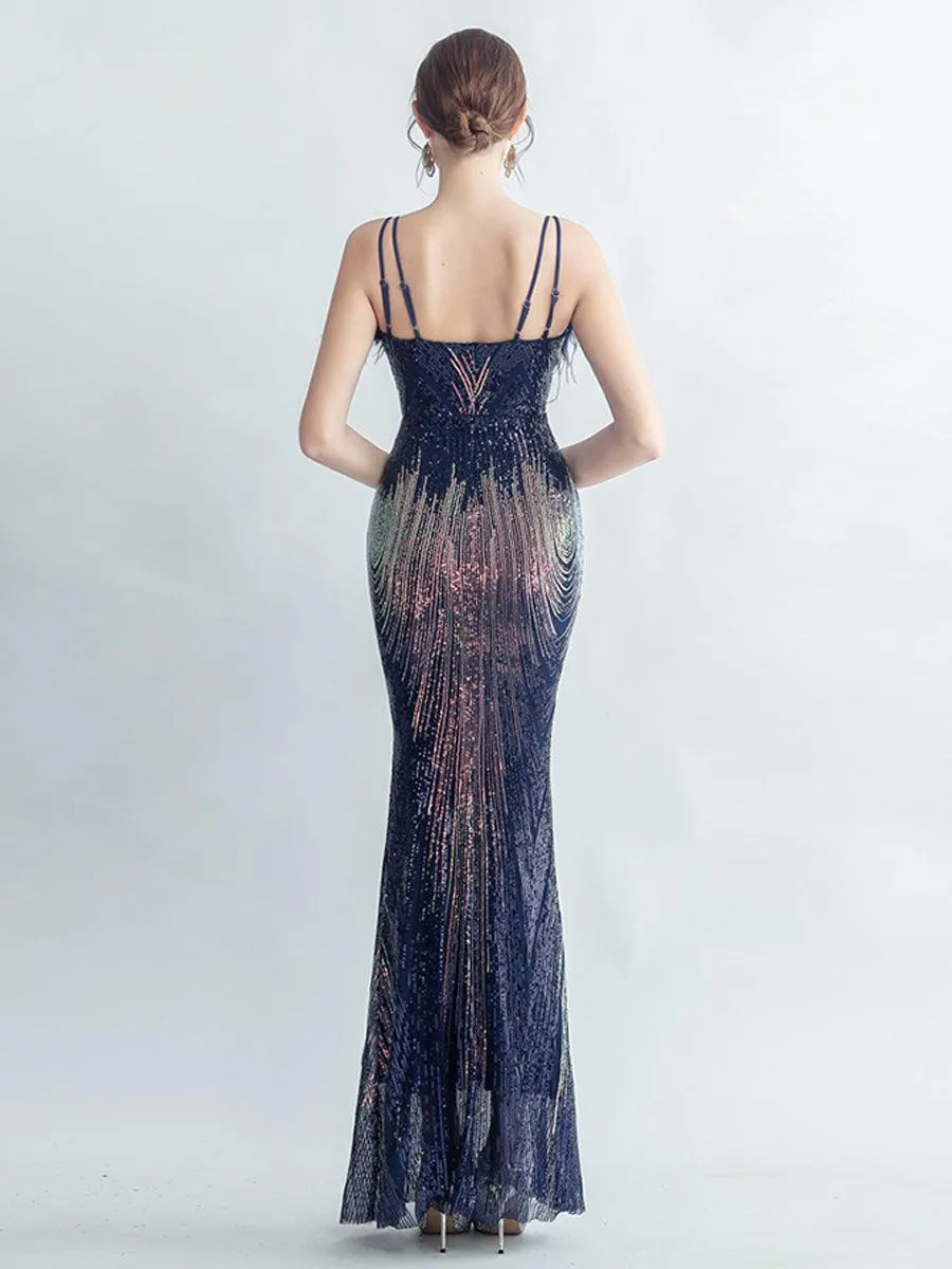 Spaghetti Straps Feather Gradient Sequin Dress GM90120