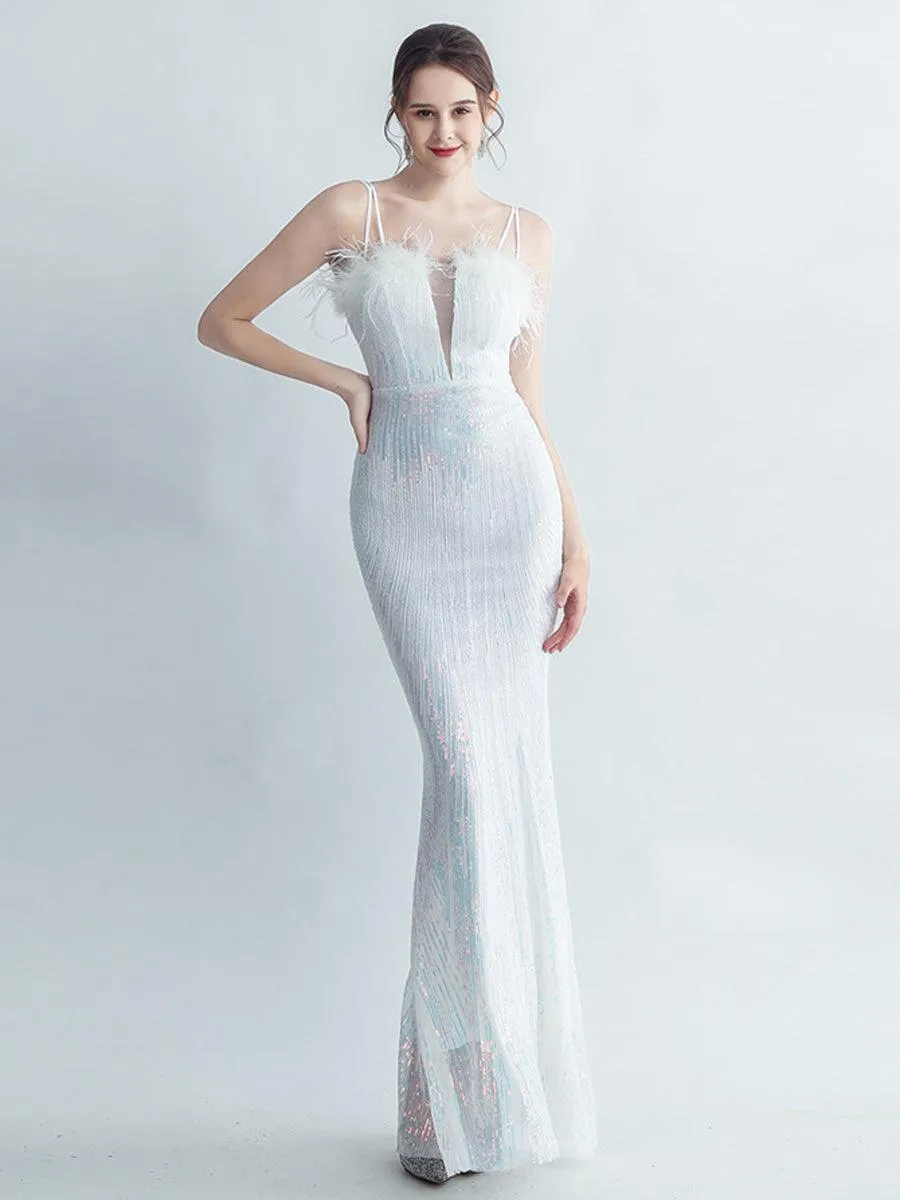 Spaghetti Straps Feather Gradient Sequin Dress GM90120