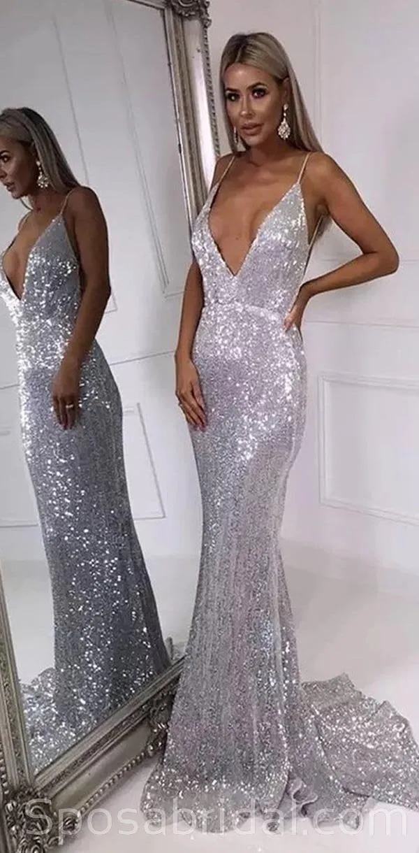Spaghetti straps Sparkly Shinning Sexy Mermaid V-Neck Sequins Silver Prom Dresses, PD1364