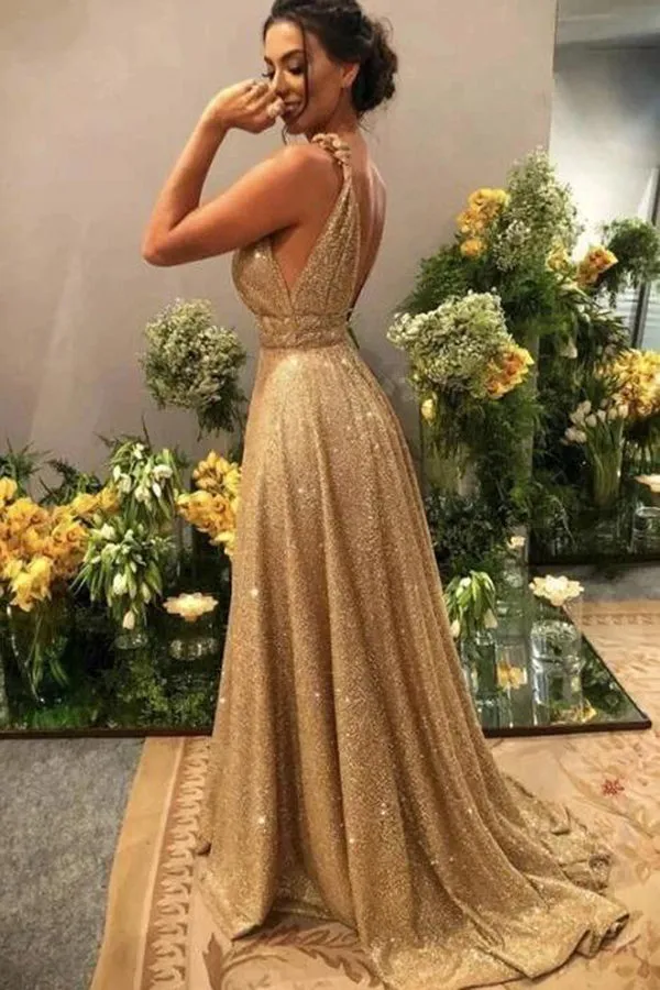 Sparkle Gold Sequins A-Line V-neck Long Prom Dress With Short Train, SP614