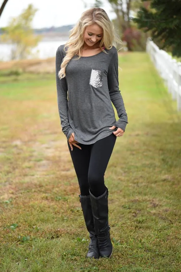 Sparkle Pocket Top - Charcoal