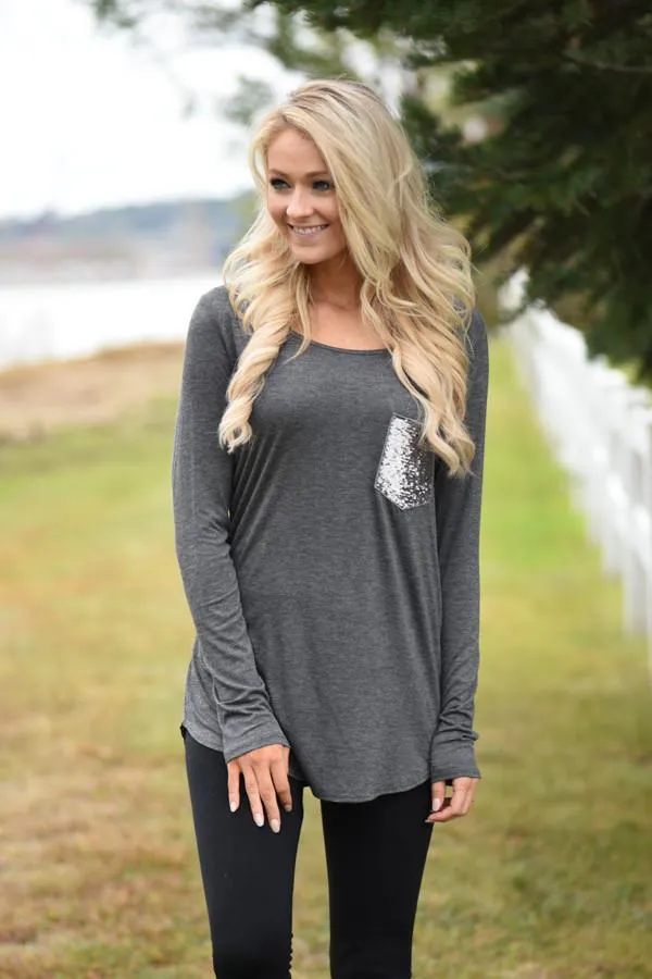 Sparkle Pocket Top - Charcoal