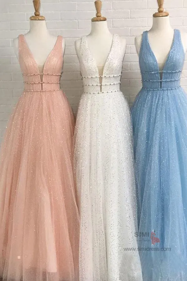 Sparkly A-line Deep V-Neck Beaded Long Prom Dresses, Evening Dresses, SP678