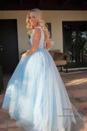Sparkly A-line Deep V-Neck Beaded Long Prom Dresses, Evening Dresses, SP678