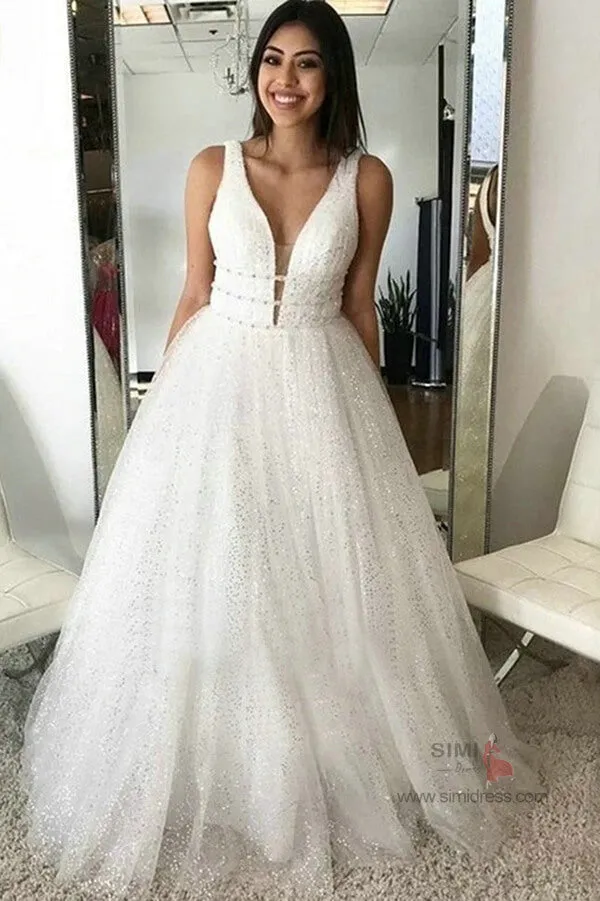Sparkly A-line Deep V-Neck Beaded Long Prom Dresses, Evening Dresses, SP678