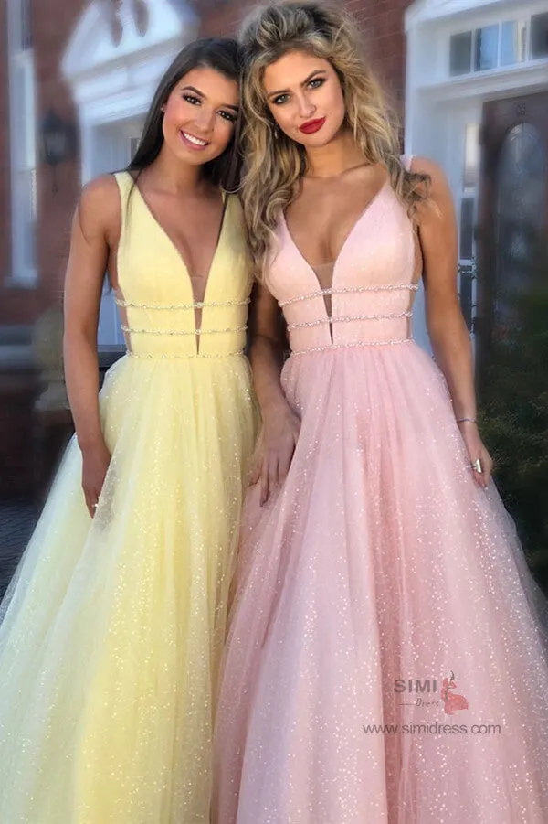 Sparkly A-line Deep V-Neck Beaded Long Prom Dresses, Evening Dresses, SP678