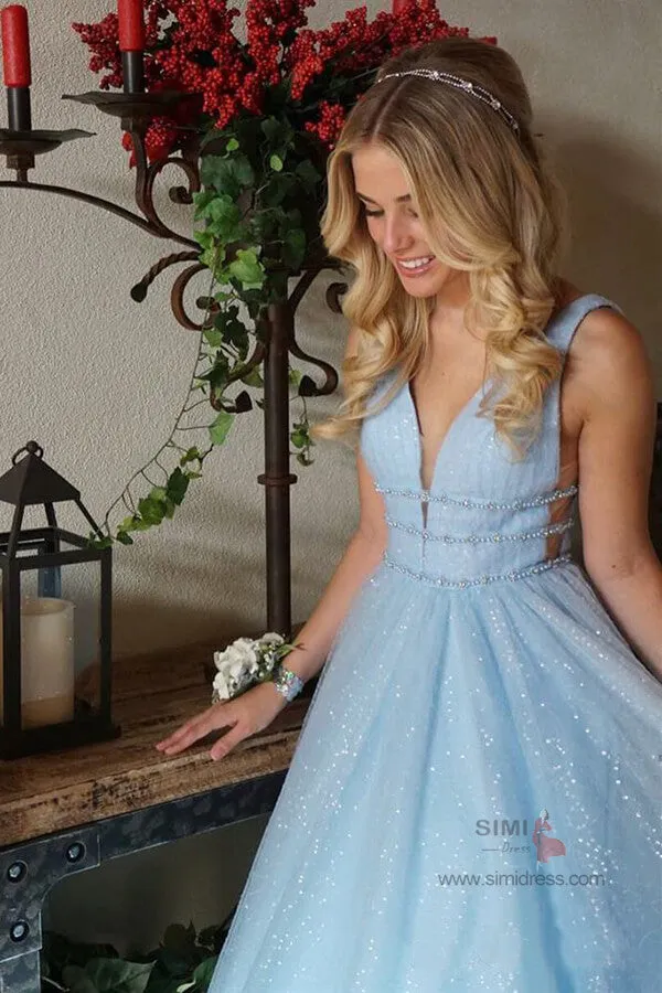 Sparkly A-line Deep V-Neck Beaded Long Prom Dresses, Evening Dresses, SP678