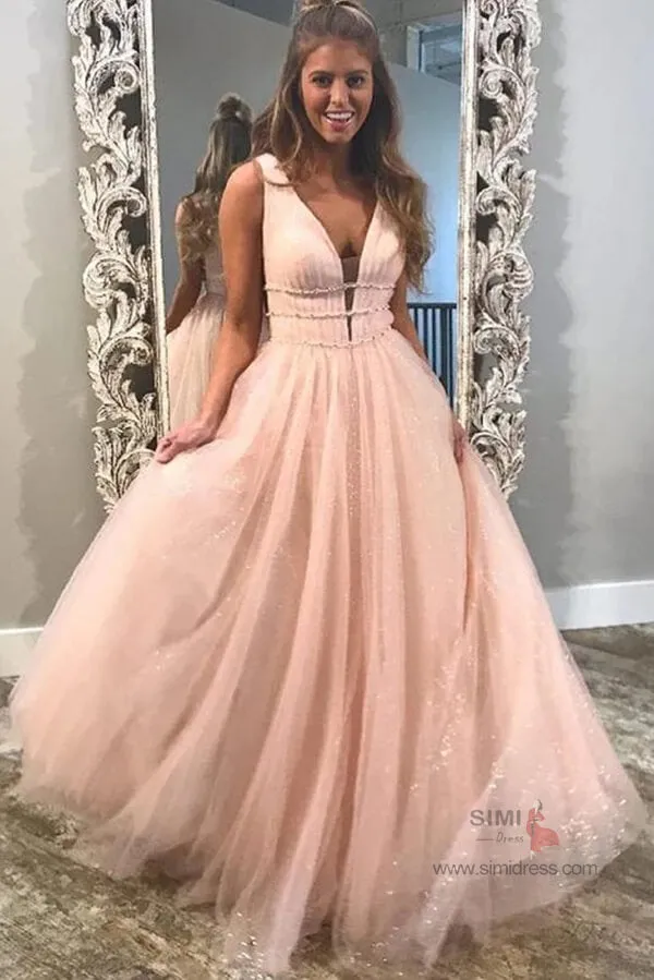 Sparkly A-line Deep V-Neck Beaded Long Prom Dresses, Evening Dresses, SP678