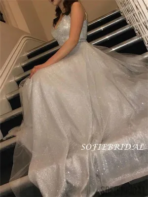 Sparkly A-line Spaghetti Straps V-neck Long Tulle Prom Dresses, PD1052