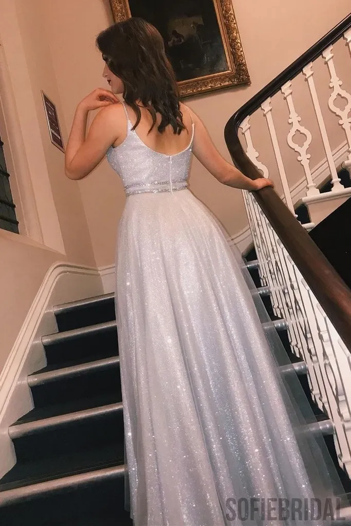 Sparkly A-line Spaghetti Straps V-neck Long Tulle Prom Dresses, PD1052