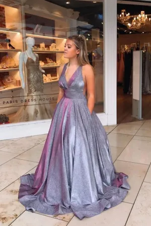 Sparkly A-line V neck Ball Gown Long Prom Dresses