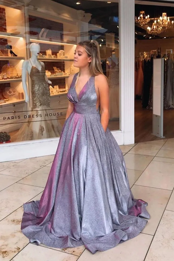 Sparkly A-line V neck Ball Gown Long Prom Dresses