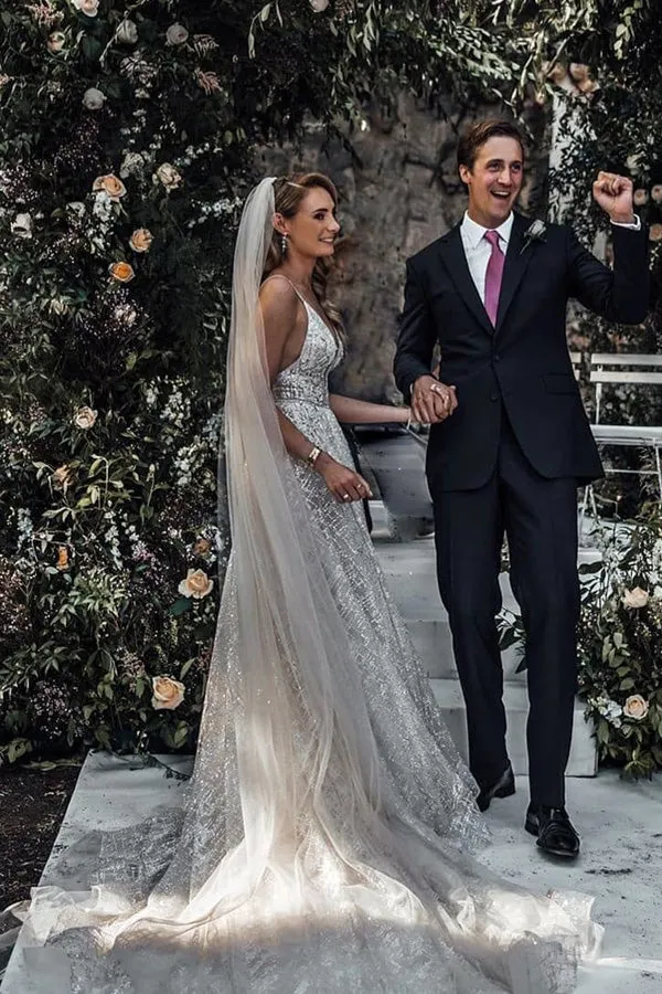 Sparkly Ball Gown V-neck Spaghetti Straps Open Back Sequins Long Wedding Dresses with Train,MW477