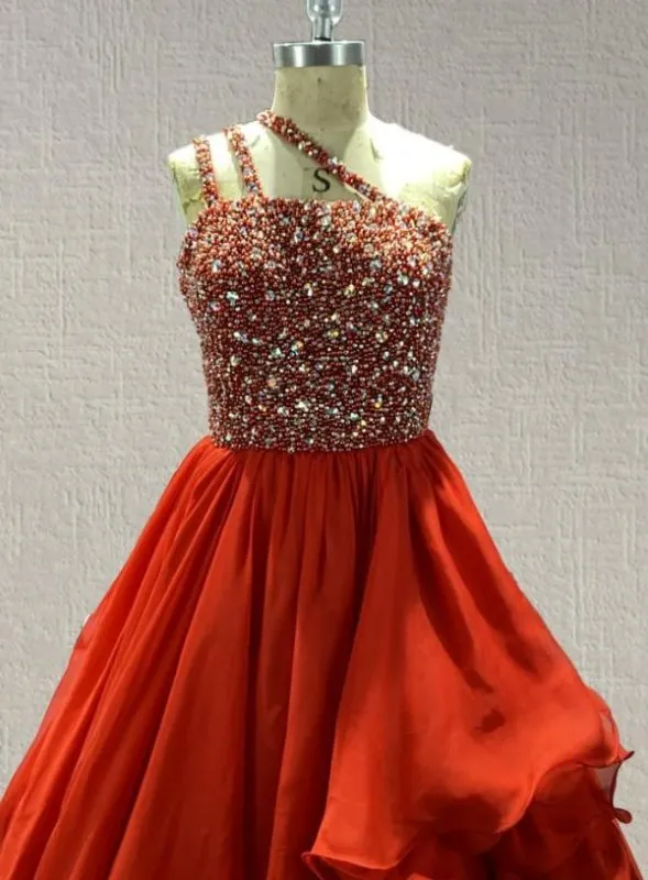 Sparkly Beaded Bodice Miss Teens Red Pageant Gown