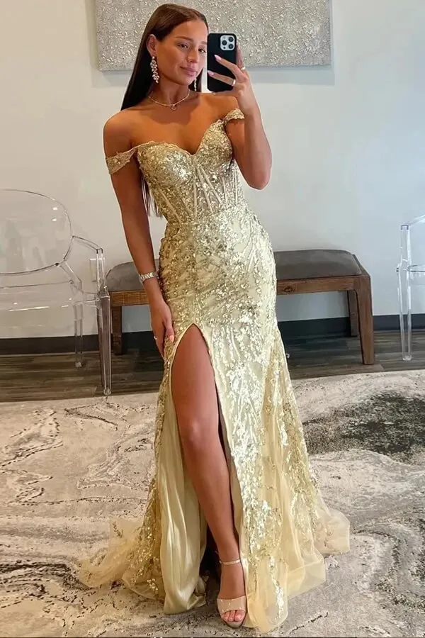 Sparkly Black Tulle Mermaid Off Shoulder Long Prom Dresses With Slit, MP1006